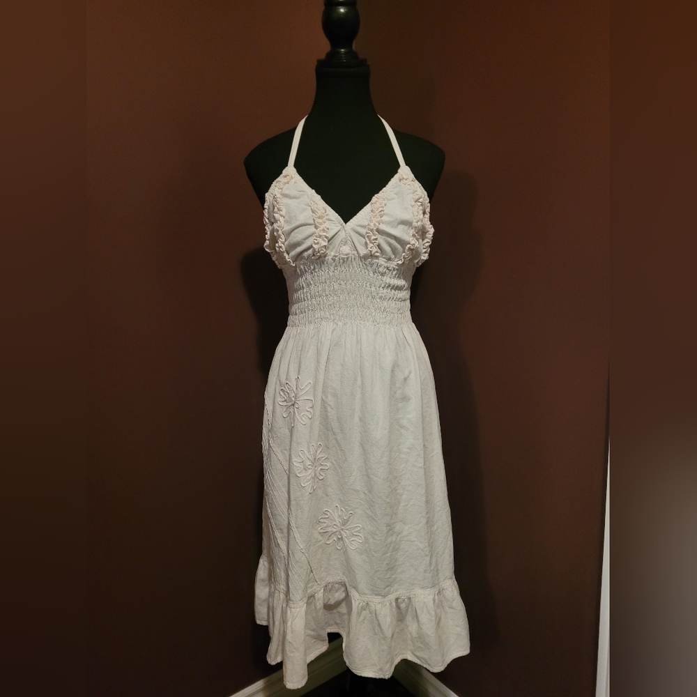 Summer dress, ties at neck, off white, beautiful embroidery on front.